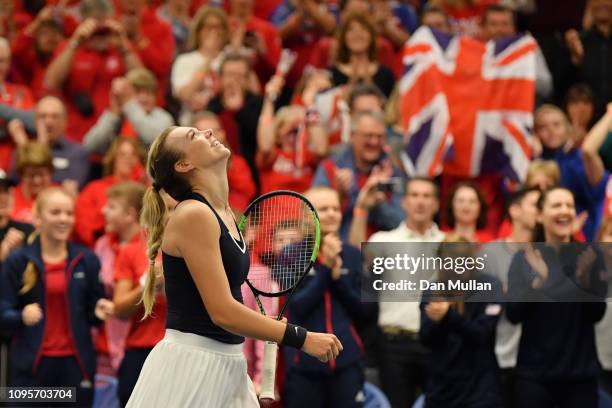 Katie Boulter of Great Britain celebrates after winning the Europe/Africa Group A match against Dalma Galfi of Hungary during Day Three of the Fed...