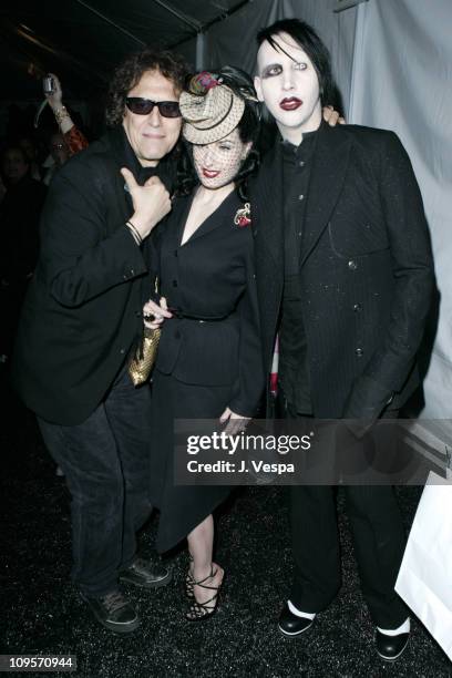 Mick Rock, Dita Von Teese and Marilyn Manson during DKNY Jeans Presents "Mick Rock Live in L.A." Exhibit at the Lo-Fi Gallery at Lo-Fi in Los...
