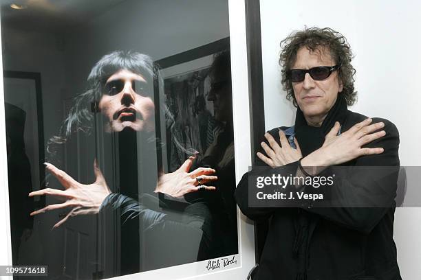 Mick Rock with his portrait of Freddie Mercury during DKNY Jeans Presents "Mick Rock Live in L.A." Exhibit at the Lo-Fi Gallery at Lo-Fi in Los...