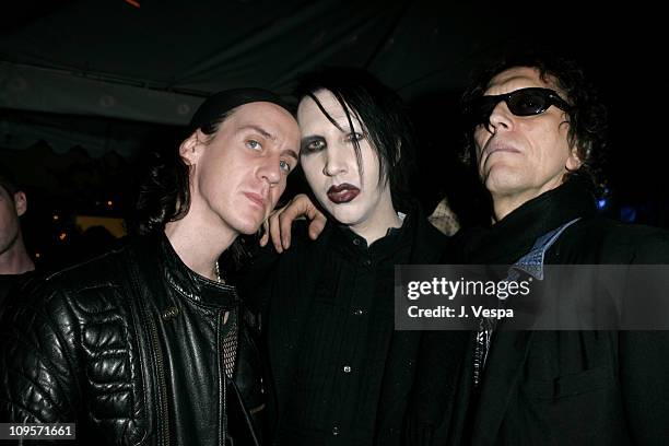 Jeremy Scott, Marilyn Manson and Mick Rock during DKNY Jeans Presents "Mick Rock Live in L.A." Exhibit at the Lo-Fi Gallery at Lo-Fi in Los Angeles,...