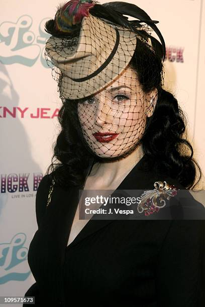 Dita Von Teese during DKNY Jeans Presents "Mick Rock Live in L.A." Exhibit at the Lo-Fi Gallery at Lo-Fi in Los Angeles, California, United States.