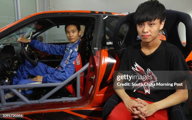 Royal Star SAR Motorsport Driver and Leader Louis Lai Cheuk-kit and Designer Pluto Mok Tsz-nok pose for a picture at Royal Star Valeting Centre in...