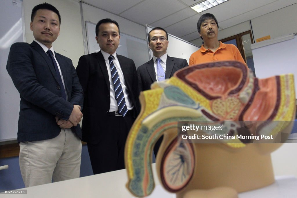 (L to R) Alan Ng, Cancer information; Dr. Darren Poon , department of Clinical Oncology, CUHK; Dr NG Chi-fai, Professor of Division of Urology, Department of Surgery,CUHK and prostate cancer patients Lee Wing-chuen attend a press conference of finding on