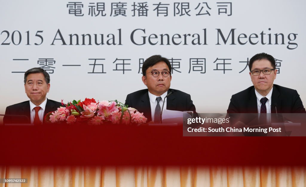 (L-R) Mark Lee Po-on, Group Chief Executive Officer and Executive Director, Television Broadcasts Limited; Dr. Charles Chan Kwok-keung, Chairman, Television Broadcasts Limited; and Cheong Shin-keong, General Manager, Television Broadcasts Limited, attend