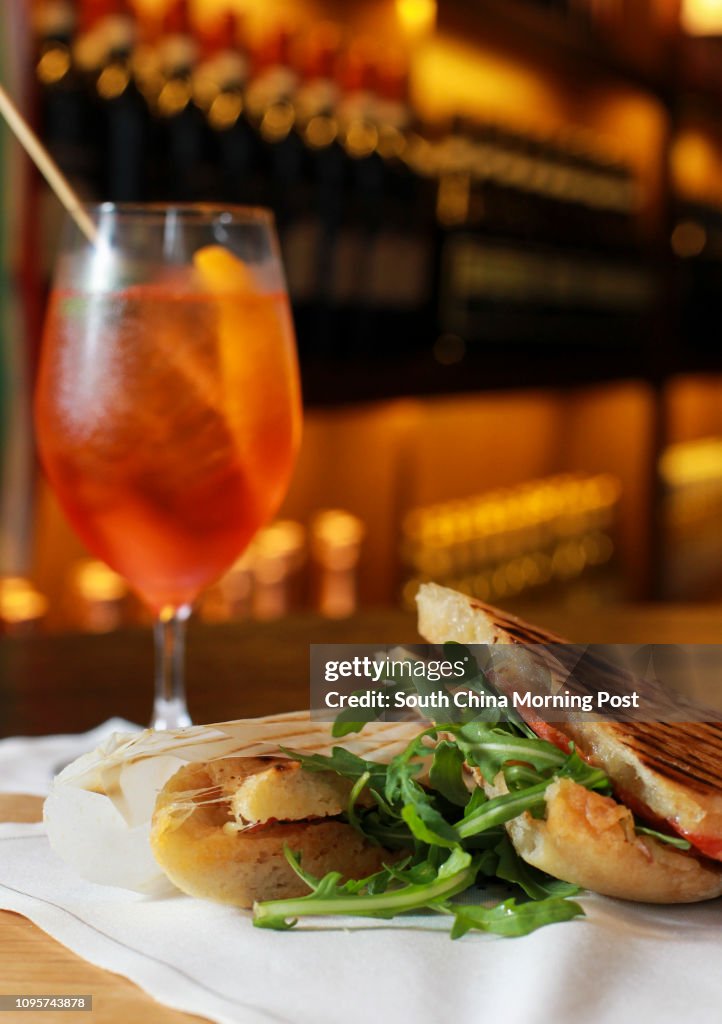 Panini ( soppressate, fontina, arugula ) and drinks Aperol Spritz at Stazione Novella, 52-56 Staunton street, Central. 21MAY15. [MAY2015 48Hrs SNACK TIME COLUMN]