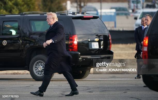 President Donald Trump departs Walter Reed National Military Medical Center in Bethesda, Maryland on February 8, 2019. - Trump was at Walter Reed for...