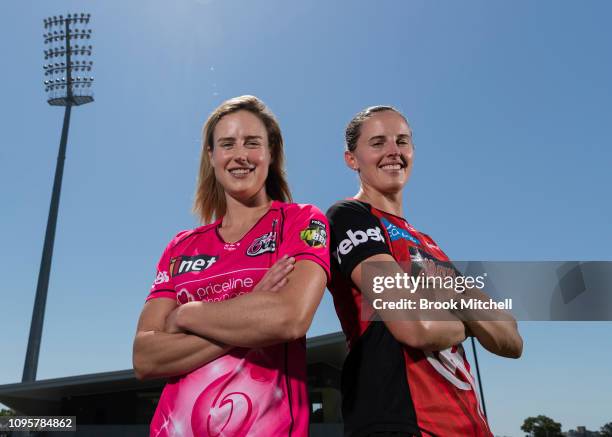 Ellyse Perry of the Sydney Sixers and Amy Satterthwaite of the Melbourne Renegades pose during the Women's Big Bash League media opportunity at...