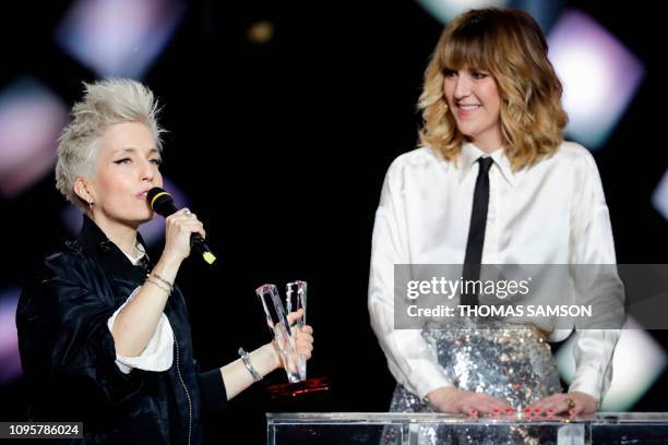 French singer Jeanne Added celebrates after receiving the the best rock album award during the 34th Victoires de la Musique, the annual French music...