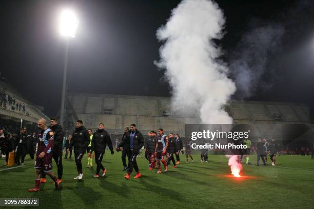 Supporters by US Salernitana in protest after the derby Italian Serie B football match between US Salernitana v Benevento Calcio at stadium Arechi in...