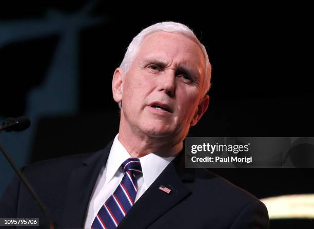 Vice President Mike Pence speaks at the Save the Storks 2nd Annual Stork Charity Ball at the Trump International Hotel on January 17, 2019 in...