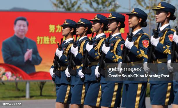 Chinese soldiers take the training for the parade to be held on Sep. 03, which marks the 70th anniversary of the Chinese War Against Japanese...