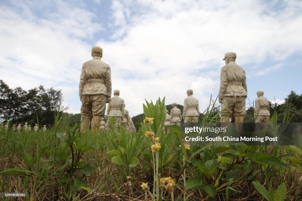 A view of some of the 402 sculptures of soldiers from the Chinese Expeditionary Force, which helped defeat Japanese forces during the conflict on Aug. 14, 2015. These sculptures were made by artist Li Chunhua.  On September 2, 1945, Japan formally surrend