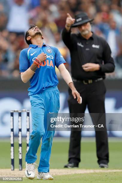 Yuzvendra Chahal of India celebrates his fifth wicket after dismissing Peter Handscomb of Australia during game three of the One Day International...