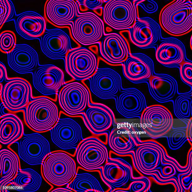 fluid flow abstract blue ultraviolet neon glowing circles background. seamless pattern - 80s laser background stock-fotos und bilder