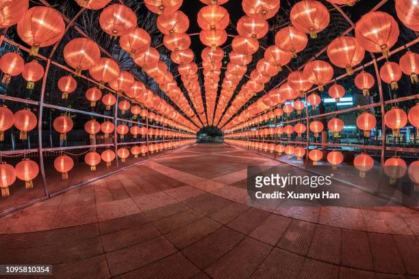 illuminated chinese lanterns hanging at night - chinese lantern festival stockfoto's en -beelden