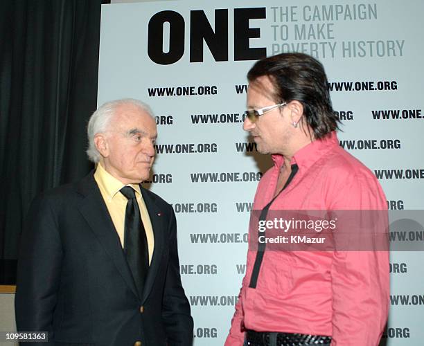 Jack Valenti and Bono of U2 during ONE: The Campaign to Make Poverty History at Creative Artists Agency in Beverly Hills, California, United States.