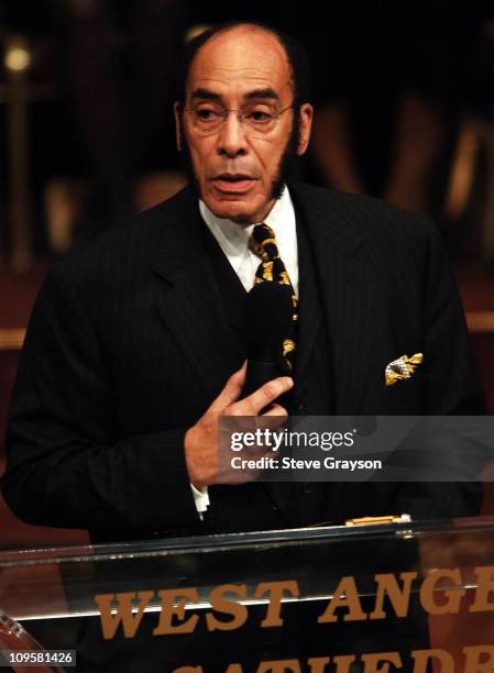 Earl Graves, publisher of Black Enterprise Magazine, speaks during the funeral service for the late Johnnie Cochran at the West Angeles Cathedral in...