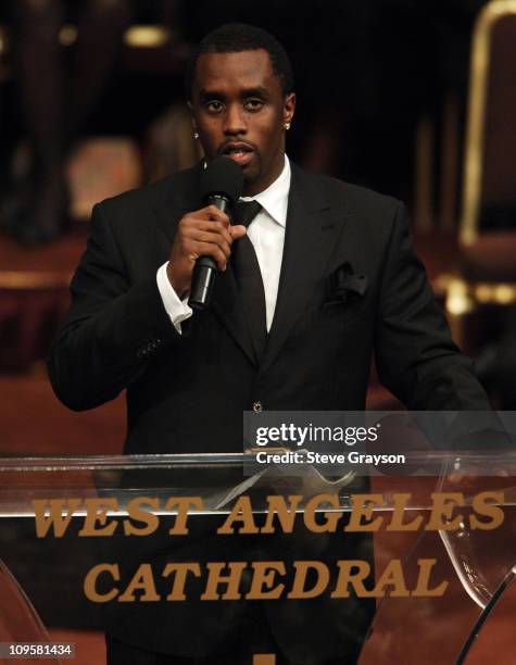 Sean "P. Diddy" Combs speaks during the funeral service of the late Johnnie Cochran at the West Angeles Cathedral in Los Angeles, California. April...