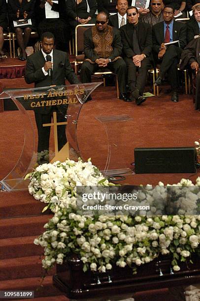 Sean "P. Diddy" Combs speaks during the funeral service for the late Johnnie Cochran at the West Angeles Cathedral in Los Angeles, California. April...