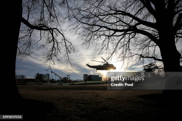 Marine One departs from Walter Reed National Military Medical Center after U.S. President Donald Trump received his annual physical on February 8,...