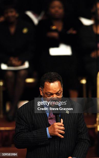 Reverend Jesse Jackson speaks during the funeral service for the late Johnnie Cochran at the West Angeles Cathedral in Los Angeles, California on...