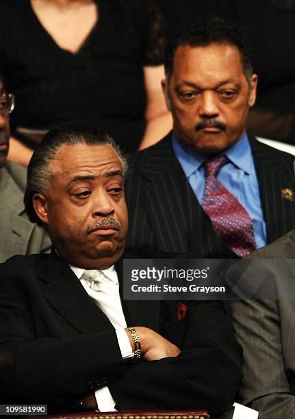 Rev. Al Sharpton and Rev. Jesse Jackson listen to speakers during the funeral service for the late Johnnie Cochran at the West Angeles Cathedral in...