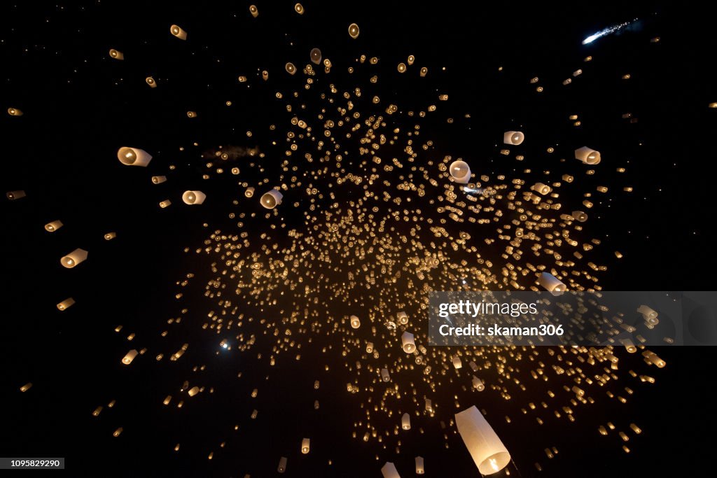 Ten thousand asian lanterns light fly to the sky at chiangmai Thailand