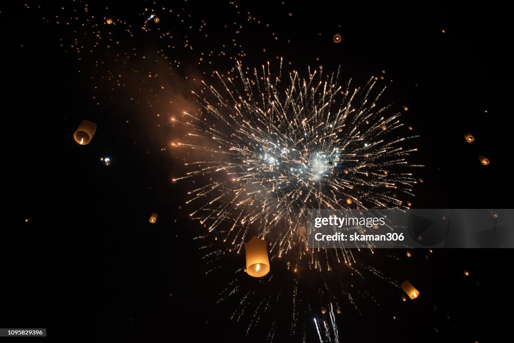 Ten thousand asian lanterns light fly to the sky at chiangmai Thailand
