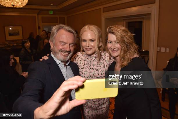 Actors Sam Neill, Nicole Kidman and Laura Dern take a selfie photo prior to the "Big Little Lies" panel of the HBO portion of the 2019 Winter TCA on...