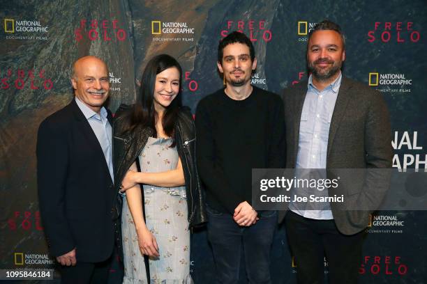 Bob Eisenhardt, Elizabeth Chai Vasarhelyi, Damien Chazelle and Evan Hayes attend a screening of National Geographic Documentary Films “Free Solo” at...