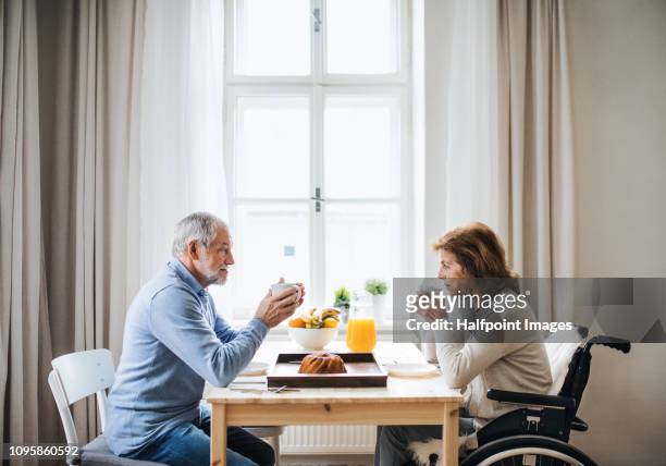 a senior couple in wheelchair sitting at the table at home, eating and drinking tea or coffee. - paraplegic woman 個照片及圖片檔