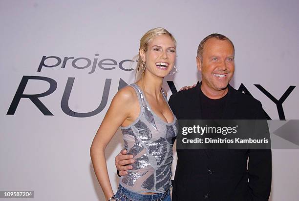 Heidi Klum and Michael Kors during Olympus Fashion Week Fall 2005 - "Project Runway" - Front Row at The Plaza, Bryant Park in New York City, New...