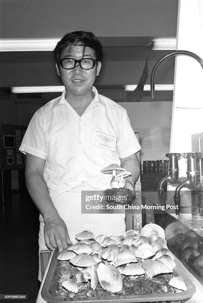 Dr Chiang Shu-ting, a mushroom expert of the Chinese University of Hong Kong and his fungus. Dr Chiang said a modified technique in cultivating mushrooms on cotton waste, paddy straw and sawdust would increase production threefold. 29JUN77