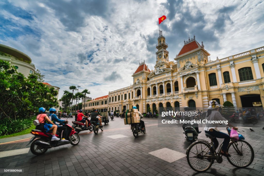 Traffic on the road at front of Ho Chi Minh City Hall in Ho Chi Minh City Capital of Vietnam