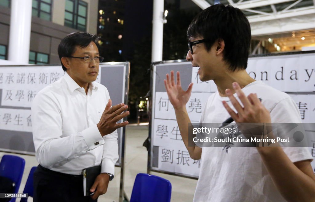 Lingnan's new council member, former President of Law Society Junius Ho Kwan-yiu(L) with Lingnan University Students' Union Philip Lau Chun-lam at a forum at Lingnan University. 10NOV15