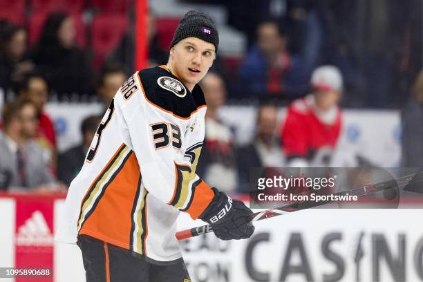 Anaheim Ducks Right Wing Jakob Silfverberg wears a DFID hat during warm-up before National Hockey League action between the Anaheim Ducks and Ottawa...