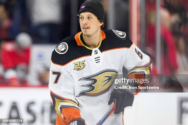 Anaheim Ducks Left Wing Rickard Rakell wears a DFID hat during warm-up before National Hockey League action between the Anaheim Ducks and Ottawa...