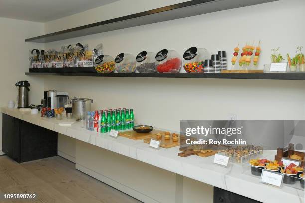 View of refreshments provided in the Gallery I Skybox Lounge in Spring Studios during New York Fashion Week: The Shows at Spring Studios on February...