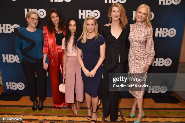 Actors Meryl Streep, Shailene Woodley, Zoe Kravitz, Reese Witherspoon, Laura Dern and Nicole Kidman are seen prior to the "Big Little Lies" panel of...