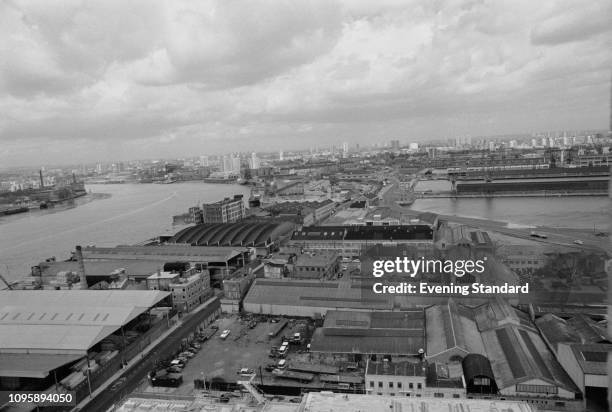 Aerial view of London Docklands, UK, 17th July 1975.