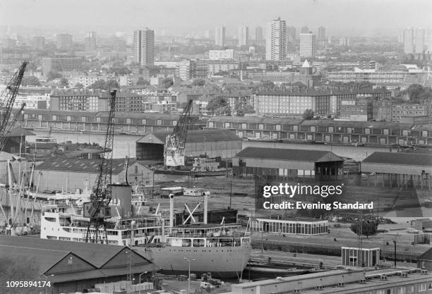 Aerial view of London Docklands, UK, 17th July 1975.