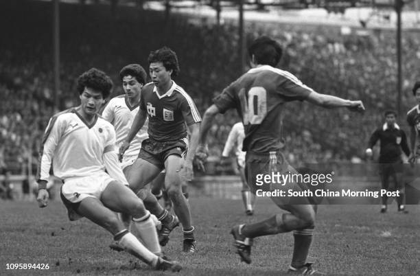 Hong Kong's captain Leung Shiu-wing and Cheung Chi-tak in action during the World Cup Qualifier between Hong Kong and China at Hong Kong Stadium....