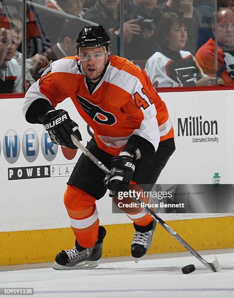 Andrej Meszaros of the Philadelphia Flyers skates against the Washington Capitals at the Wells Fargo Center on January 18, 2011 in Philadelphia,...