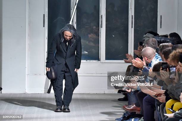 Fashion designer Yohji Yamamoto walks the runway during the Yohji Yamamoto Menswear Fall/Winter 2019-2020 fashion show as part of Paris Fashion Week...