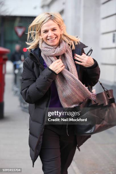 Zoe Ball seen leaving BBC Radio 2 after finishing her first week as the new host of the Breakfast Show on January 18, 2019 in London, England.