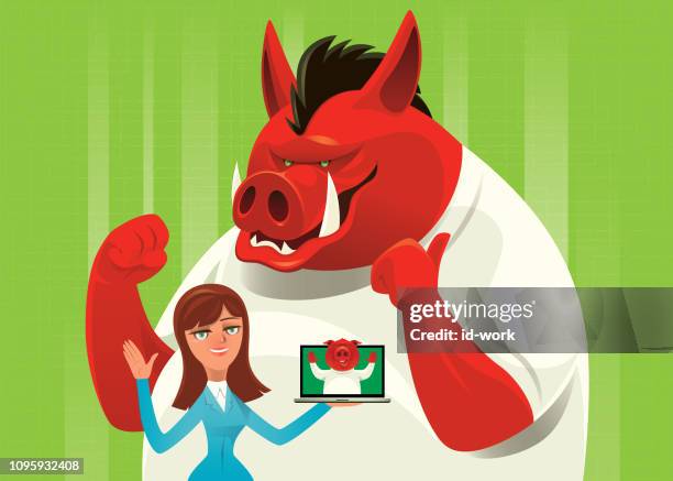 lady and boar presenting with laptop - fat reduction stock illustrations