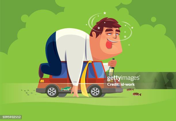 dizzy driver holding beer bottle - sleepy driving clip art stock illustrations