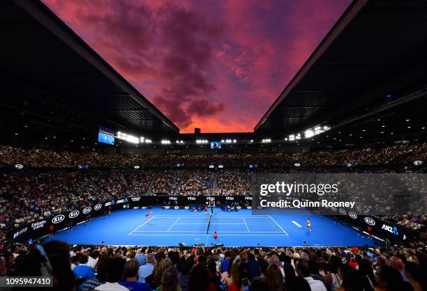 General view of Rod Laver Arena at sunset in the third round match between Alex De Minaur of Australia and Rafael Nadal of Spain during day five of...