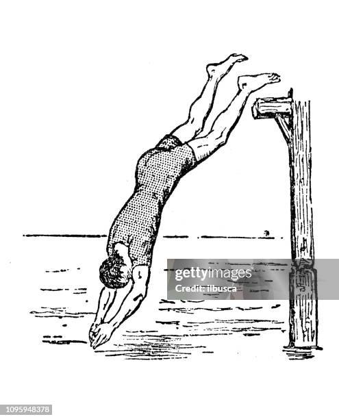 antique old french engraving illustration: diving into water - diving sport stock illustrations