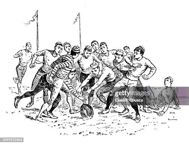 illustrations, cliparts, dessins animés et icônes de antique ancienne illustration de gravure français : barette (football/rugby) - joueur ou joueuse de rugby